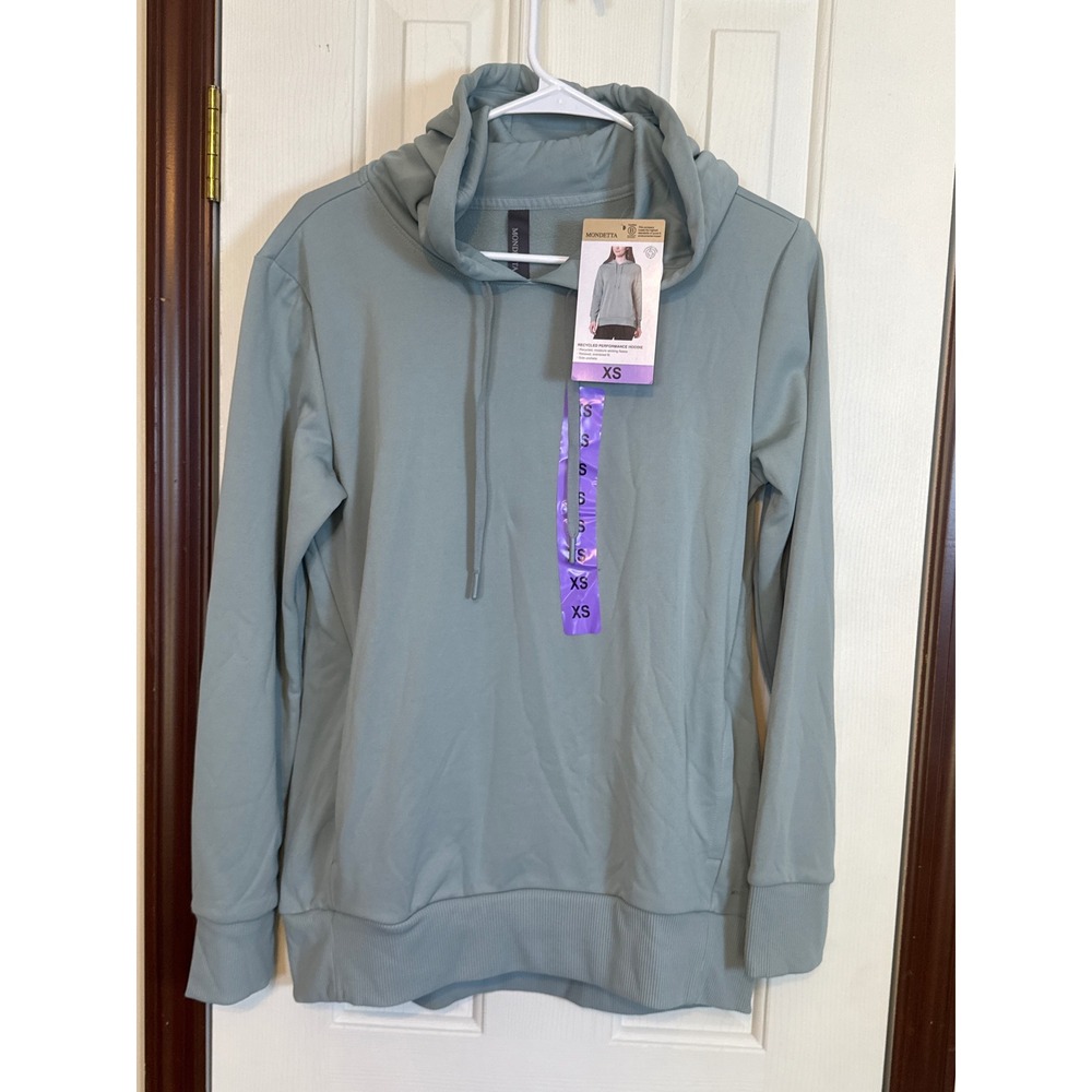 Mondetta Recycled Performance Hoodie Cowl Neck Activewear Abysa Green XS
